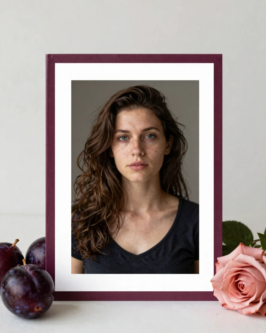 Portrait 2:3 book-cover placeholder, plum card frame with a small